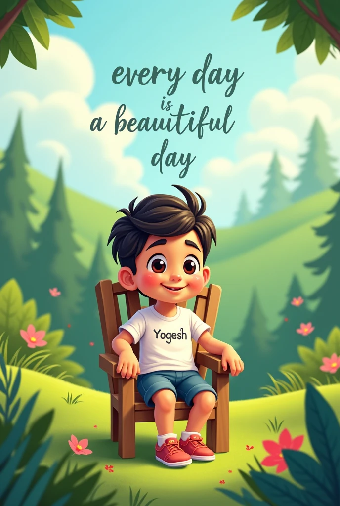 1 boy siting in the chair his name is "yogesh" written in the t shirt 2d cartoon, background is nature, backside text Every day is beautiful day