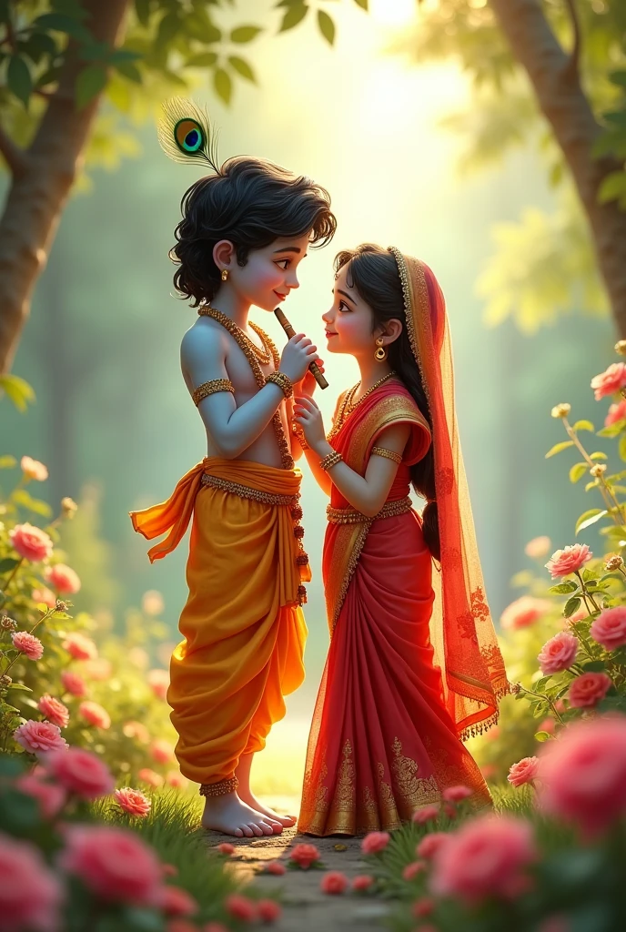 Create a charming and cute image of Sri Krishna and Radha Rani. Depict them standing together in a lush, serene garden filled with vibrant flowers and greenery. Sri Krishna is shown playing his flute, with a peaceful smile on his face. He has a peacock feather in his hair and wears traditional golden-yellow dhoti. Radha Rani stands beside him, gracefully dressed in a red and gold saree with intricate designs. Their expressions should reflect deep love and joy, with Radha looking at Krishna adoringly. The background is filled with soft sunlight filtering through the trees, and there is a gentle breeze that slightly moves their clothes and the flowers around them. The overall atmosphere should feel pure, divine, and heartwarming."