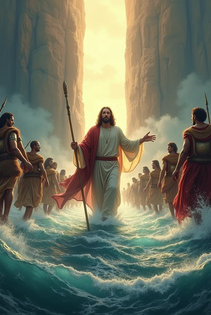 Jesus Christ with his staff opening the Red Sea with his disciples passing through the open sea and the soldiers on dry land wanting to catch Jesus.