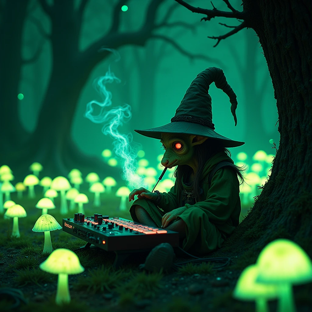 Nightvision footage of a goblin thats dressed like a wizard sitting in a shroomhouse in a glowing shroomforest while smoking out of his herb vaporizer while playing on audio interfaces and dj pults in the night