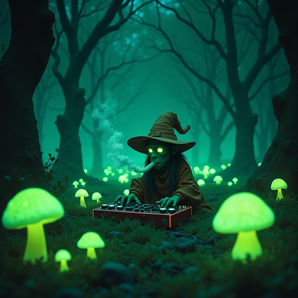 Nightvision footage of a goblin thats dressed like a wizard sitting in a shroomhouse in a glowing shroomforest while smoking out of his herb vaporizer while playing on audio interfaces and dj pults in the night