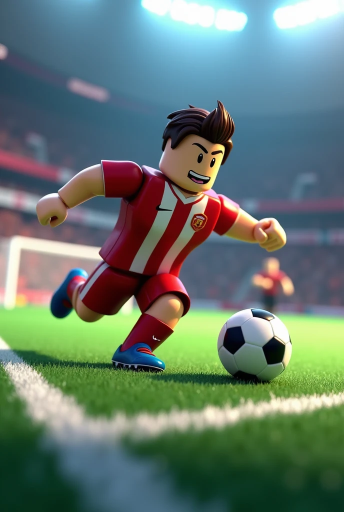 Create a roblox footballer as a man that shoots a top corner goal from the penalty area