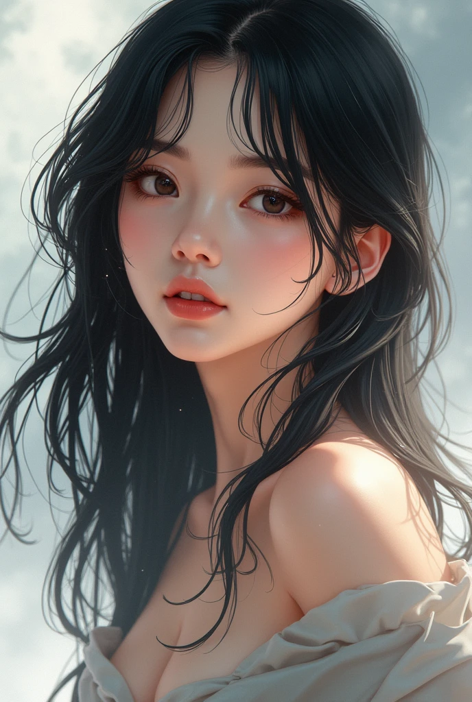 anime style, korean girl, nude, blak hair