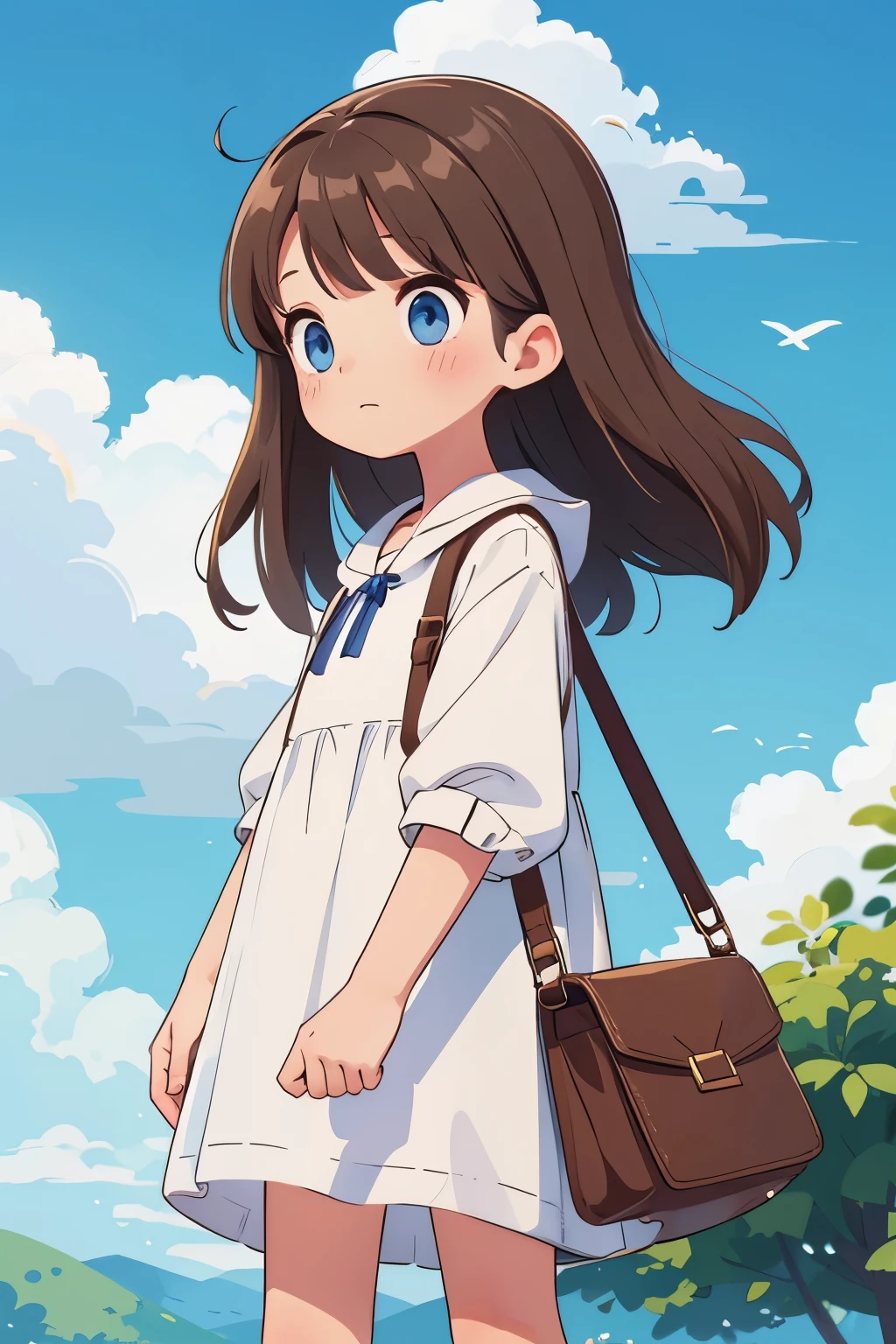 A brown-haired, blue-eyed girl is looking for things. sky
