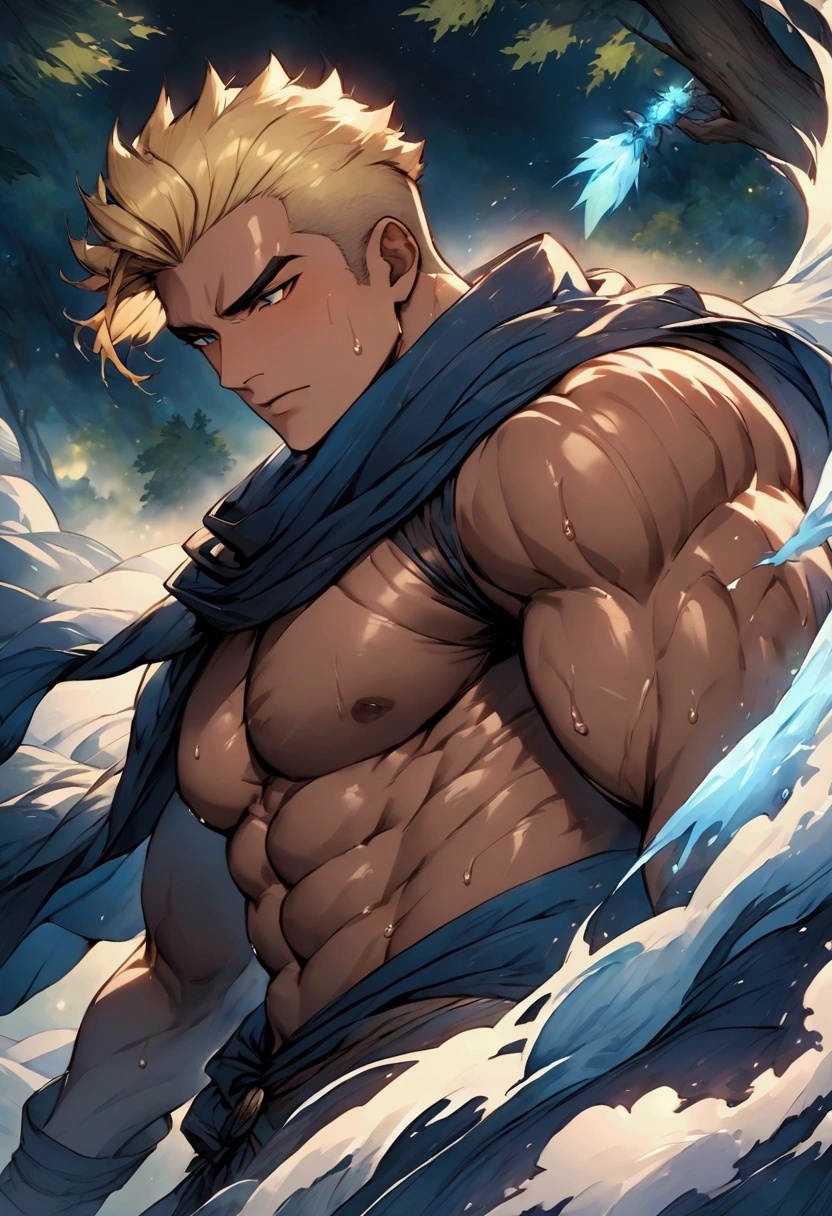 Highest quality、masterpiece、(muscular male:1.3)、(father:0.5)、Blonde、Brown skin、Short Hair、Sports haircut、short hair、fantasy、Fantastic space、In the forest at night、wizard、Wearing a black and blue robe、bare chest、Has a magic staff、Uses wind magic、sweat、steam