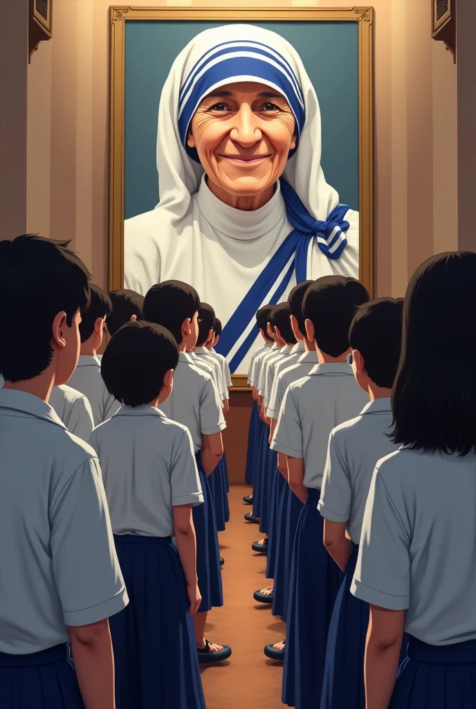 Students are standing in school assembly wearing white shirt and blue full pants school emblem shows mother theresa old wrinkle smiling image