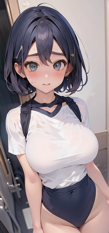 ()Realistic Face、Sweaty、、Black モヒカンヘア、Tomboy.Emphasis on breast valley、Wearing a tシャツ．短パン、Sexy posing、Embarrassed expression