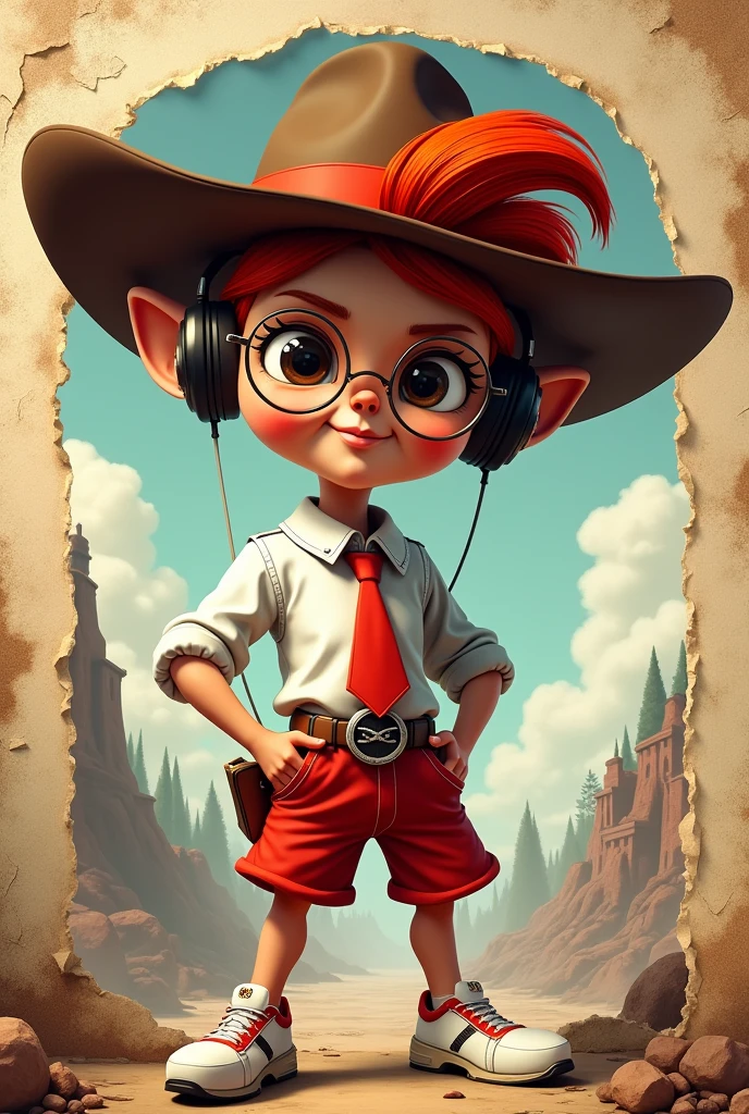 **Channeling the fierce spirit of a suave 20 year old cowboy with a wide brimmed hat, red tie, and round glasses, with a white shirt and red shorts🎬 Realistic 4d caricature of a big head, trendy anthropomorphic man wearing white shoes, black headphones, with red hair in a stylish layered collage - layers; dark art, stylish innovative street art, iconic portraits, torn paper, fragmented shapes, hyper-realism with intricate details, complementary colors, soft lighting, ultra-clear textures,uhd,16k