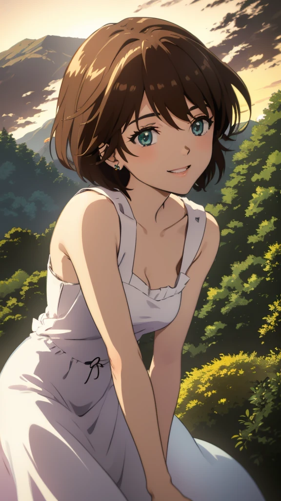 a beautiful young girl with short flowing brown hair, piercing green eyes, perfect eyes  delicate features, happy, Smile, wearing a White Dress inspired by Evangelion.