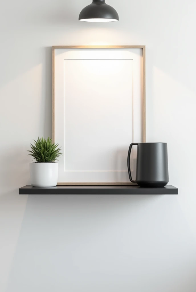 A black shelf seen from the front with an empty space in the middle, a plant on the left and a frame on the right, on a white wall, with the light coming from above