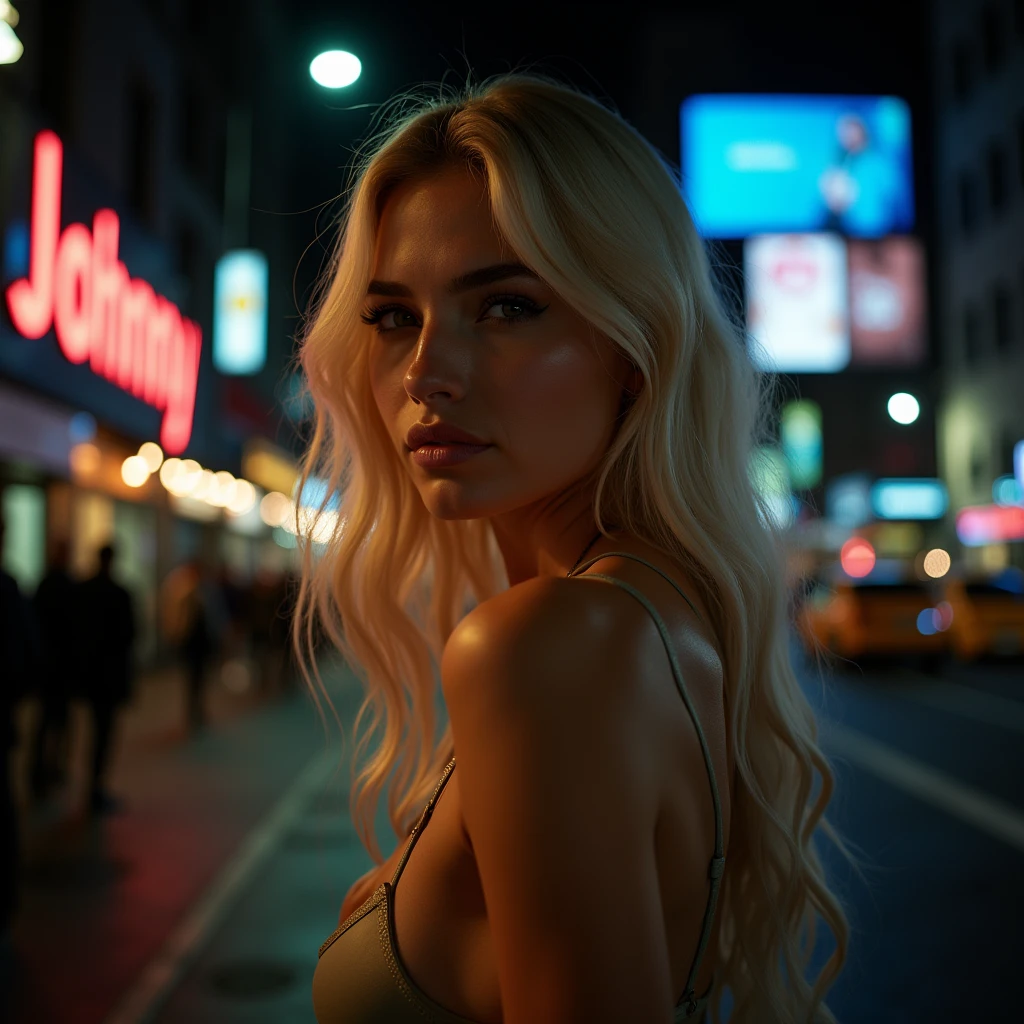 Woman, americana, age 25, pale skin and freckles, gray eyes, delicate nose, soft and delicate lips, far away, cabelo blondie far away e ondulado na altura da cintura, sweet smile, face with delicate feminine facial features, highly rendered, modelshoot, full hd, hd, 8k, vestido legante preto cintilante, em frente ao hotel Ritz Nova York a noite, coepo proporcional 