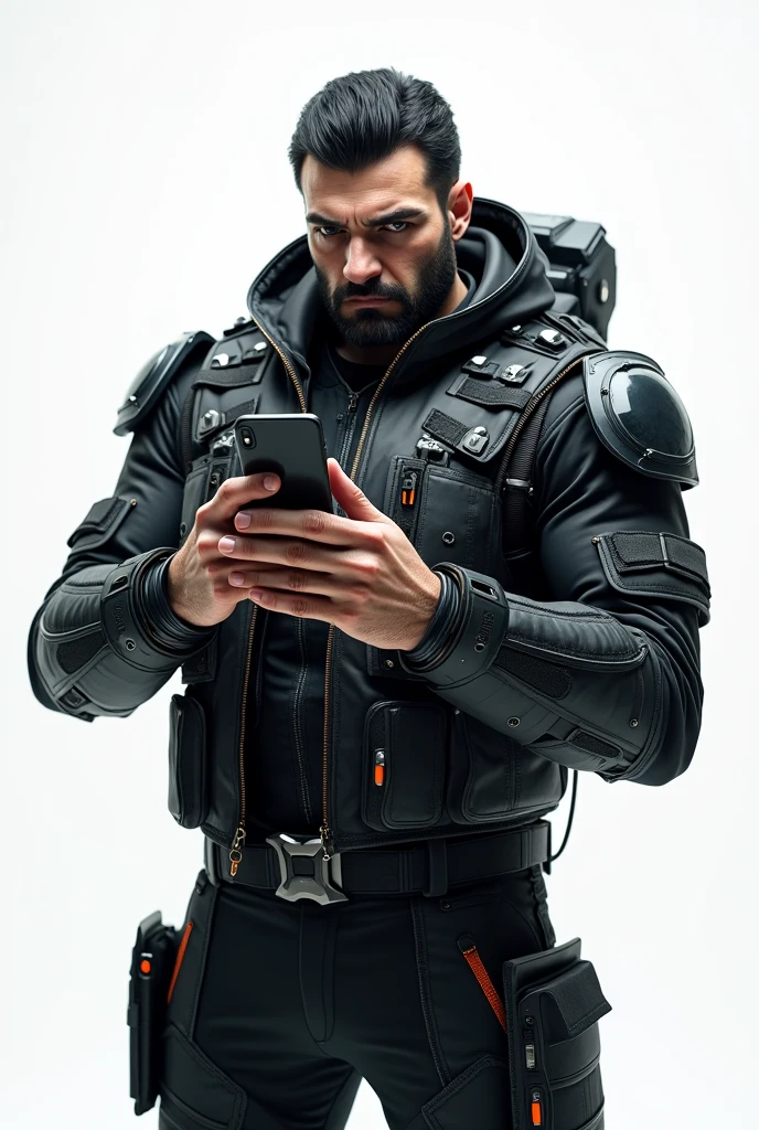 A big and strong Russian man with black hair wearing cyberpunk clothes and futuristic military equipment, futuristic clothing, medium muscles, serious look thick eyebrows, holding a smartphone, in a white photo studio setting, realistic 3 d style, index finger to the smartphone.