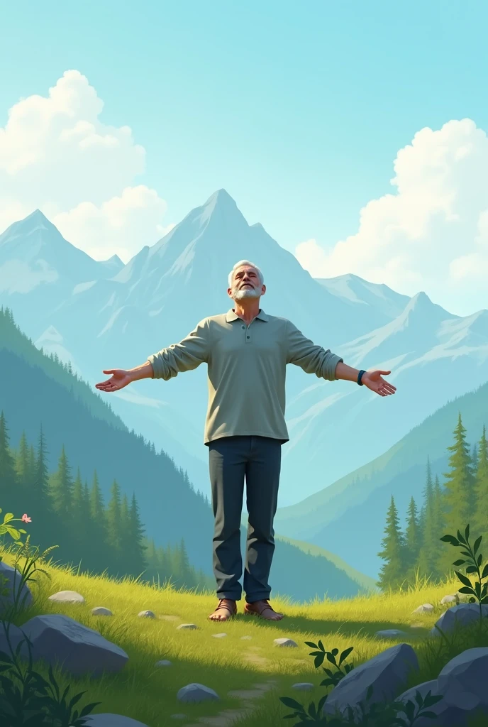 A man standing peace fully in hills 
spreading his both arms  