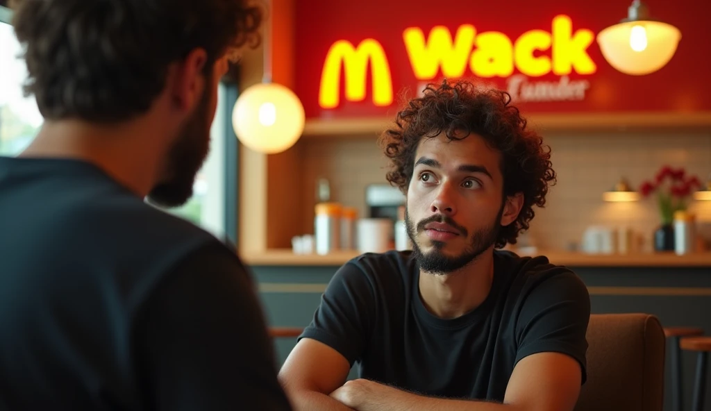 A highly realistic, high-contrast, 8K HD, detailed, hyper-detailed image of a fast-food restaurant commercial for "Wack," featuring a logo similar to McDonald's but with a "W." The scene focuses on a young man with curly hair and a beard, sitting in a chair across from another person. The man, wearing a black T-shirt, has an expression of surprise and curiosity as he looks at the person opposite him. The setting is a modern fast-food restaurant, with warm, orange-toned lighting creating a cozy yet dynamic atmosphere. The image is ultra-high resolution, RAW photo quality, with precise details that emphasize the man's facial expression, matching the provided reference image, and the distinct Wack branding in the background.
