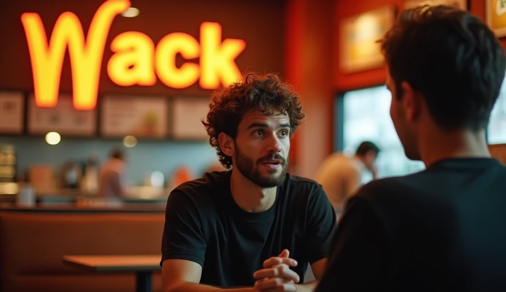 A highly realistic, high-contrast, 8K HD, detailed, hyper-detailed image of a fast-food restaurant commercial for "Wack," featuring a logo similar to McDonald's but with a "W." The scene focuses on a young man with curly hair and a beard, sitting in a chair across from another person. The man, wearing a black T-shirt, has an expression of surprise and curiosity as he looks at the person opposite him. The setting is a modern fast-food restaurant, with warm, orange-toned lighting creating a cozy yet dynamic atmosphere. The image is ultra-high resolution, RAW photo quality, with precise details that emphasize the man's facial expression, matching the provided reference image, and the distinct Wack branding in the background.
