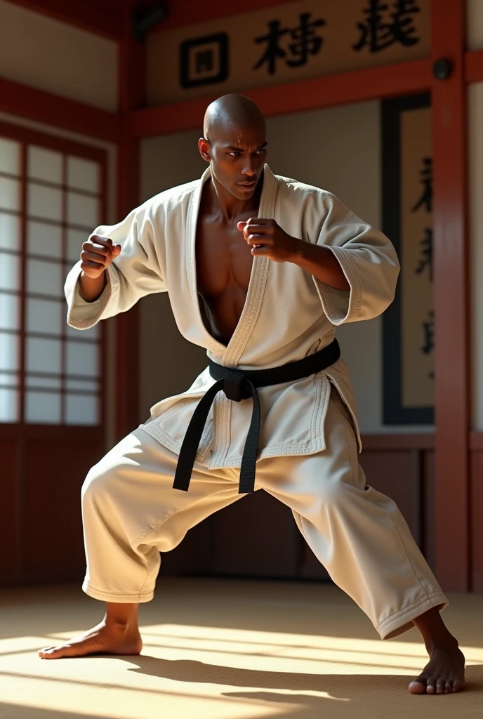 Create a hyper-realistic image of a black man, thin and with 1,63 m high, practicing karate in a traditional Japanese dojo. The man must be dressed in a karate uniform (karate gi) offwhite, with the black belt perfectly adjusted at the waist. The gi must have detailed textures, showing the lightweight fabric and the natural folds resulting from movement.
The man should be in a dynamic karate pose, like a front kick or a powerful punch. The muscles should be visibly detailed and tense., with emphasis on defining muscles and joints. Facial expression should reflect concentration and intensity, with natural wrinkles on the forehead and around the eyes, and a focused expression.
Add realistic details like sweat dripping down the man's skin, highlighting skin texture and reflected light. The hands and feet must have minute details, with visible nails and skin showing natural characteristics.
The dojo must be represented with high accuracy, including a red or blue tatami mat with realistic textures, rice paper walls (shoji) with detailed patterns, and a wooden strip with Japanese characters (kanji) meticulously carved. Include karate accessories, as training poles (makiwara) and swords (bokken), with detailed finish and realistic wood.
Lighting should be dramatic and realistic, with a soft focus that highlights the man's muscles and features. The light should create natural shadows that highlight the texture of the gi and the tatami, while the background should have depth and realistic detail to give a three-dimensional feel to the environment. The image must capture the movement and energy of the man with a level of detail that allows each muscle and fold of skin to be seen clearly..