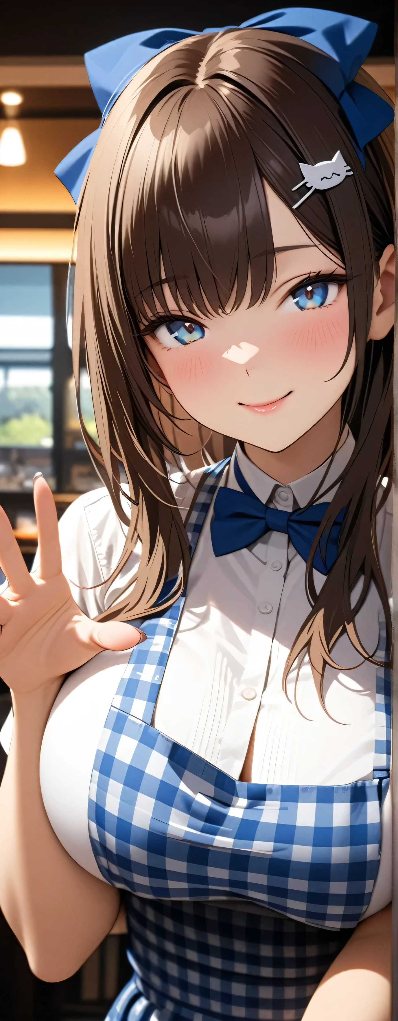 Beauty: 1.3),One person,masterpiece, Highest quality, Ultra-high resolution,Rich contrast,super high quality,8k,Highly detailed CG unit wallpaper,texture,Unbelievably absurd,Ultra-high resolution,RAW Photos,Depth of Field 1.2,crew, blue bow, blue bowtie, white shirt, short sleeves, blue skirt, blue apron, gingham apron, employee uniform, high-waist skirt, waitress,(Brown Hair,Layered cut),happy,Very fine eye,bigeyes,looking pleasured, (Perfect hands, Perfect Anatomy),Glowing Skin,Cute cat hairpin,restaurant,,Beautiful glossy lips,pinup,((extreme close-up)),light smile,(Large Breasts:1.5),