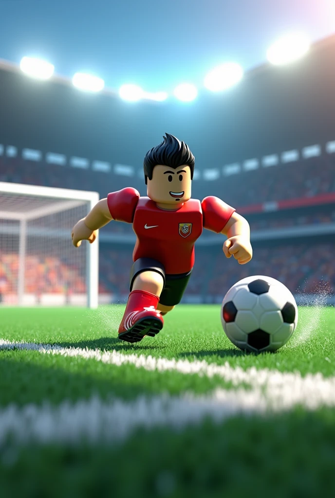 Create a roblox footballer as a man that shoots a top corner goal from the penalty area in front of me