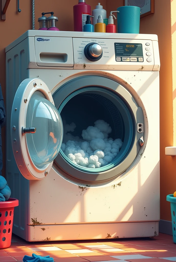 washing machine door with a bad smell from the inside, in the style of an animated film