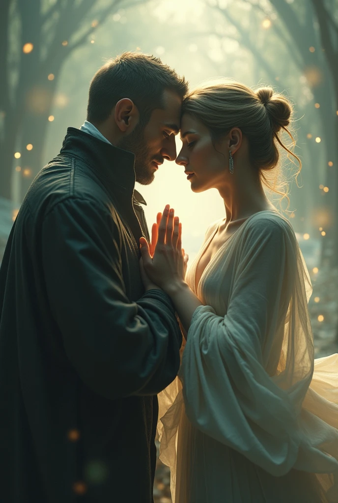 Two people in separate from the past and future worlds trying to hold each others palm and foreheads stick together