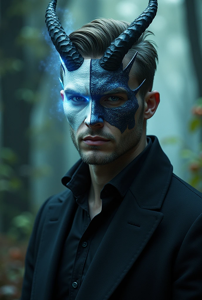 a handsome man with short hair like a human wearing a half-demon and half-light mask