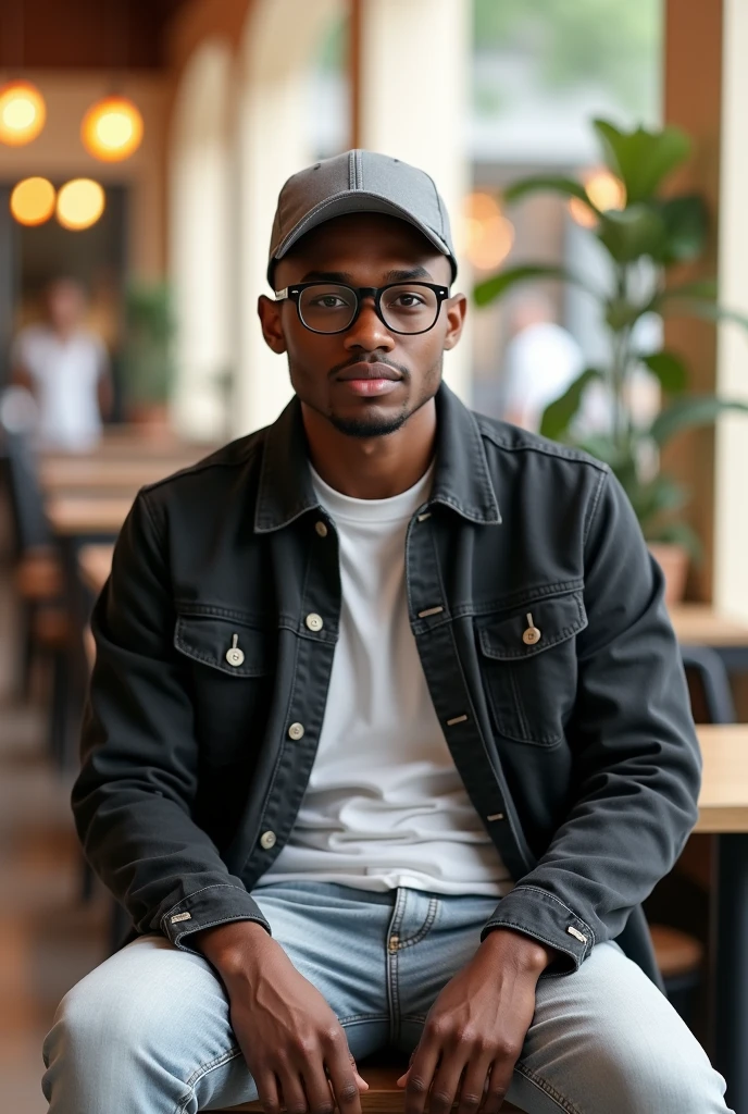 best qualityer:1.4), (ultra high resolution:1.2), (photorrealistic:1.4), (8k, CRU photo:1.2), a thin young man of 20 years old, skin black, with a smooth, beardless face, corte de cabelo buzzcut. He is wearing a white shirt and light jeans.. He is wearing a black denim jacket. He's wearing a gray cap. He is sitting at a mall table. thin build. 1,75cm tall. It's sunny. thin build. is looking at the camera. 1,75 cm tall. thin build. He is wearing black prescription glasses..