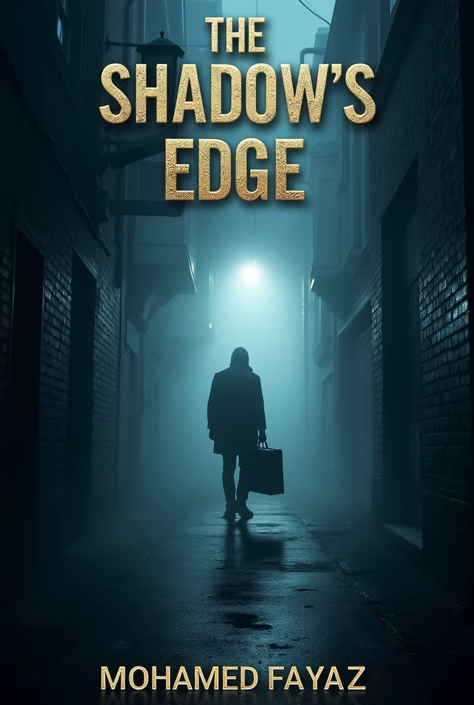 A4 sized Front cover : A dark, foggy alley with a silhouette of a person barely visible in the distance, holding a briefcase. The title "The Shadow's Edge" is in bold, metallic lettering at the top, with my name Mohammed Fayaz below it in smaller text.And add the press name :Mysterium Press in the side of the front cover beautifully
