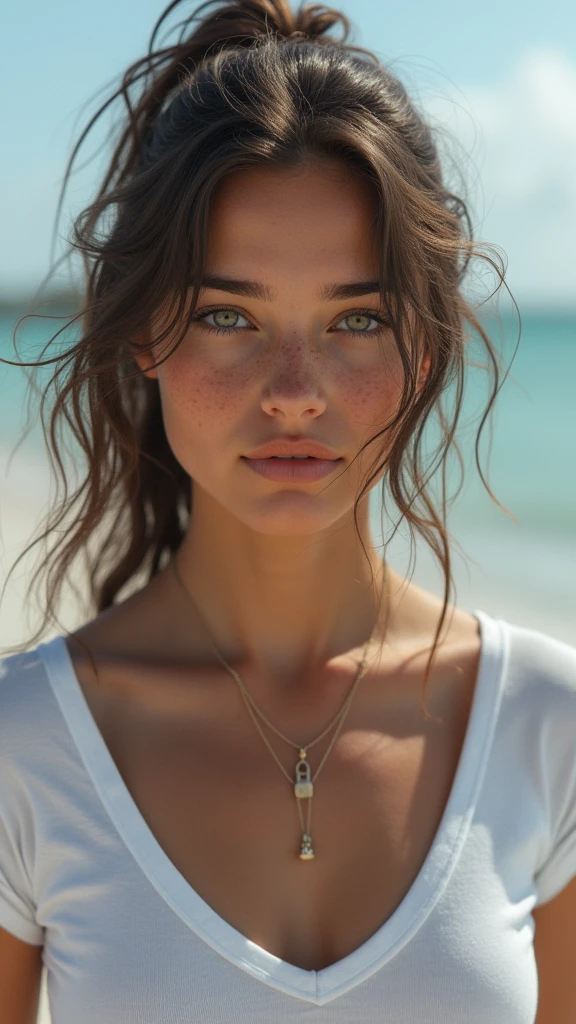 (masterpiece, photorealistic:1.4, extremely intricate:1.3, radiosity, photon mapping, dtx, 8K), ((((closeup necklace, white t-shirt, humid, [medium breasts:large breasts:0.8])), humid, [skin detail:freckles:0.7], natural, 19 year teenage supermodel), at the beach, full body
