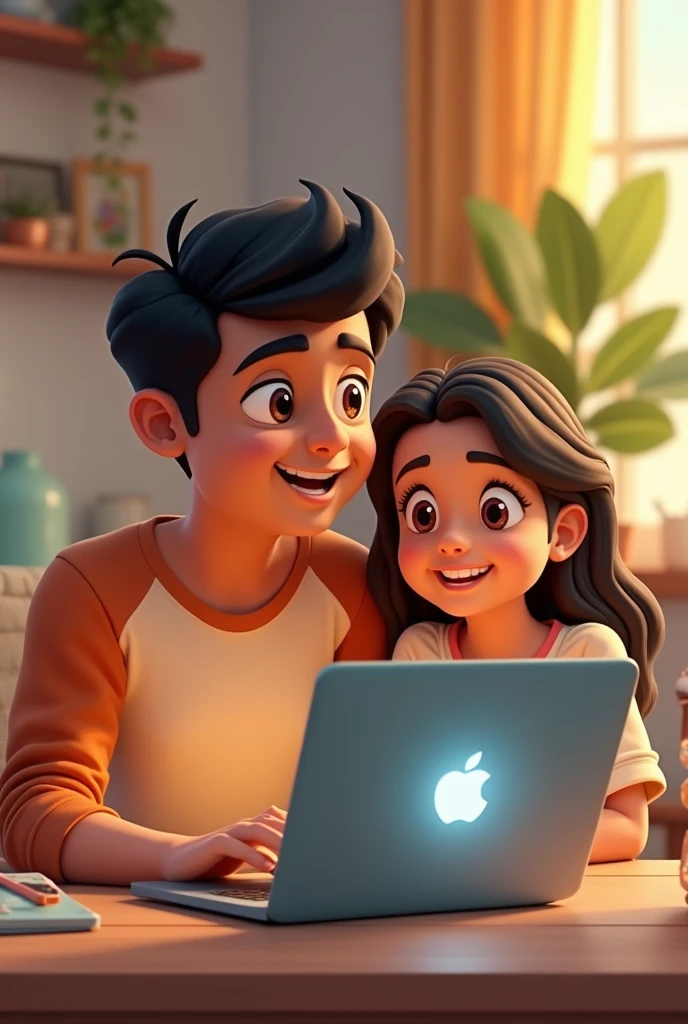 Create animation character 30 years old boy using laptop with his sister.his name Tanvir and her name Lamisa.