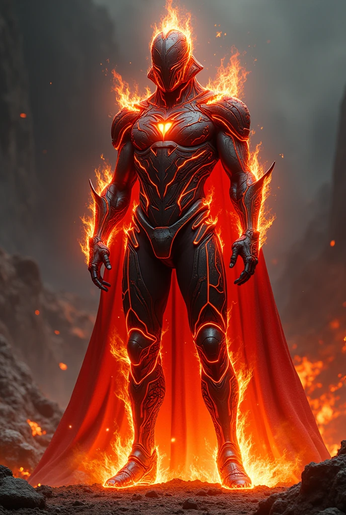 Inferno Surge Costume
**1. Material & Texture:
Body Suit: A heat-resistant, flexible material that resembles molten rock or lava. The suit should be a deep, intense red and orange, with areas that appear to be glowing with an internal heat. The material has a rugged, slightly cracked texture, mimicking the appearance of cooled lava.
**2. Helmet:
Design: A sleek, angular helmet with a flame motif. The helmet is dark with red and orange highlights that glow or flicker like fire. It should cover the entire head, with slanted eye openings that have a fiery glow. The design creates an intimidating, fiery visage.
**3. Gauntlets & Boots:
Gauntlets: Armored gauntlets with built-in flame projectors. The gauntlets have jagged, molten designs, and are capable of emitting bursts of fire. They are equipped with heat-resistant plating to withstand high temperatures.
Boots: Heavy-duty, flame-resistant boots with a design that mimics flowing lava. The soles should have a rugged texture for traction and emit a faint, glowing orange hue.
**4. Cape or Mantle:
Design: A dramatic, flame-like cape or mantle that appears to be constantly ablaze. The cape is a mix of fiery reds and oranges, with animated patterns that simulate the flickering and movement of flames. It can have a tattered, jagged edge to enhance the fiery effect.
**5. Chest Plate:
Design: A chest plate with a dynamic, molten lava effect. The chest plate has integrated heat vents that glow with an inner fire. The design should emphasize the villain’s control over fire and lava, with a prominent central flame motif.
**6. Accessories:
Belt: A utility belt with compartments for fire-related gadgets or weapons. The belt should have a rugged, industrial look with metal accents and glowing elements.
Armored Shoulder Pads: Spiked shoulder pads with a lava-like appearance that can emit bursts of heat or fire. They add to the villain's menacing presence