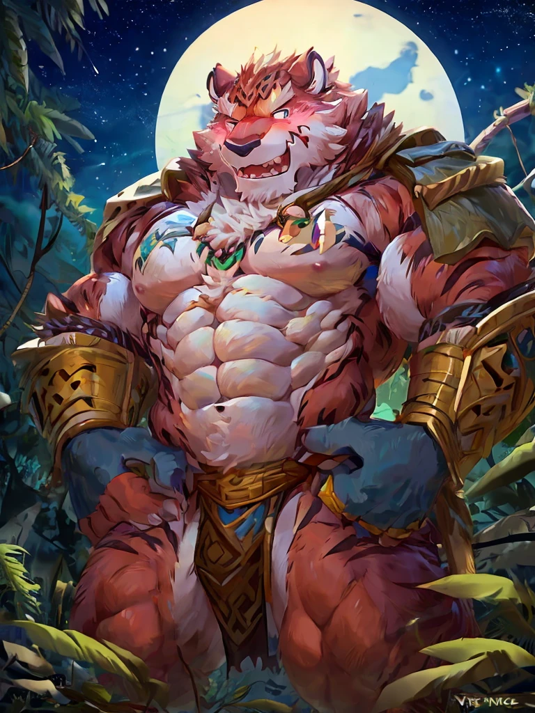 Jungle, loincloth, two people, touching genitals, night, beautiful starry sky, blush, fearless, muscular, dignified々Nice face