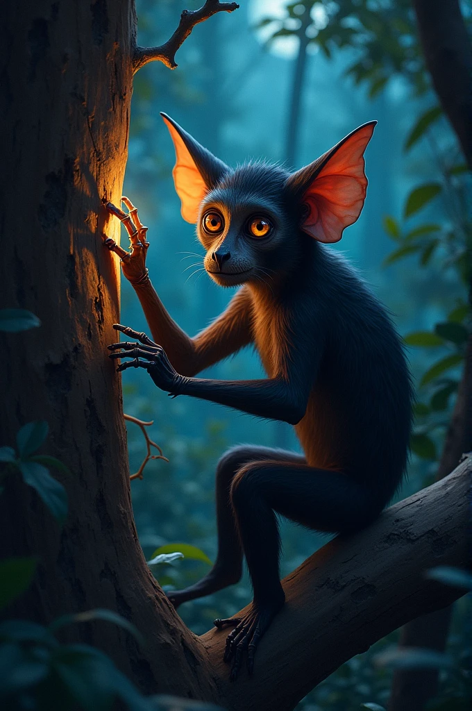 Picture of an Aye-Aye with a long middle finger, digging wood in the forest at night.