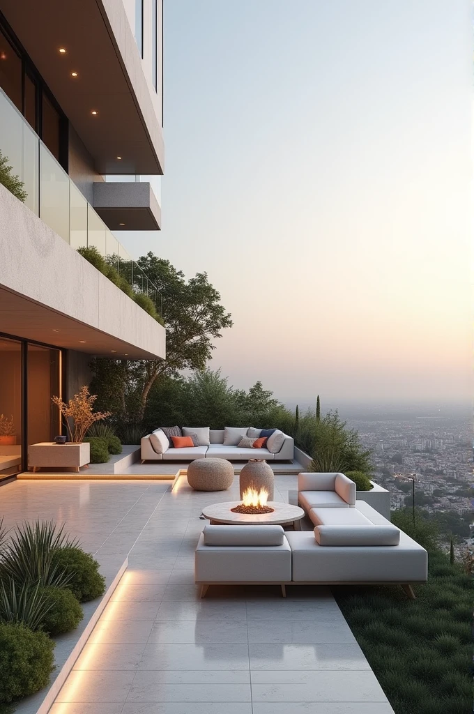 Make a proposal for a futuristic terrace on the upper floor that is in neutral colors from the inside