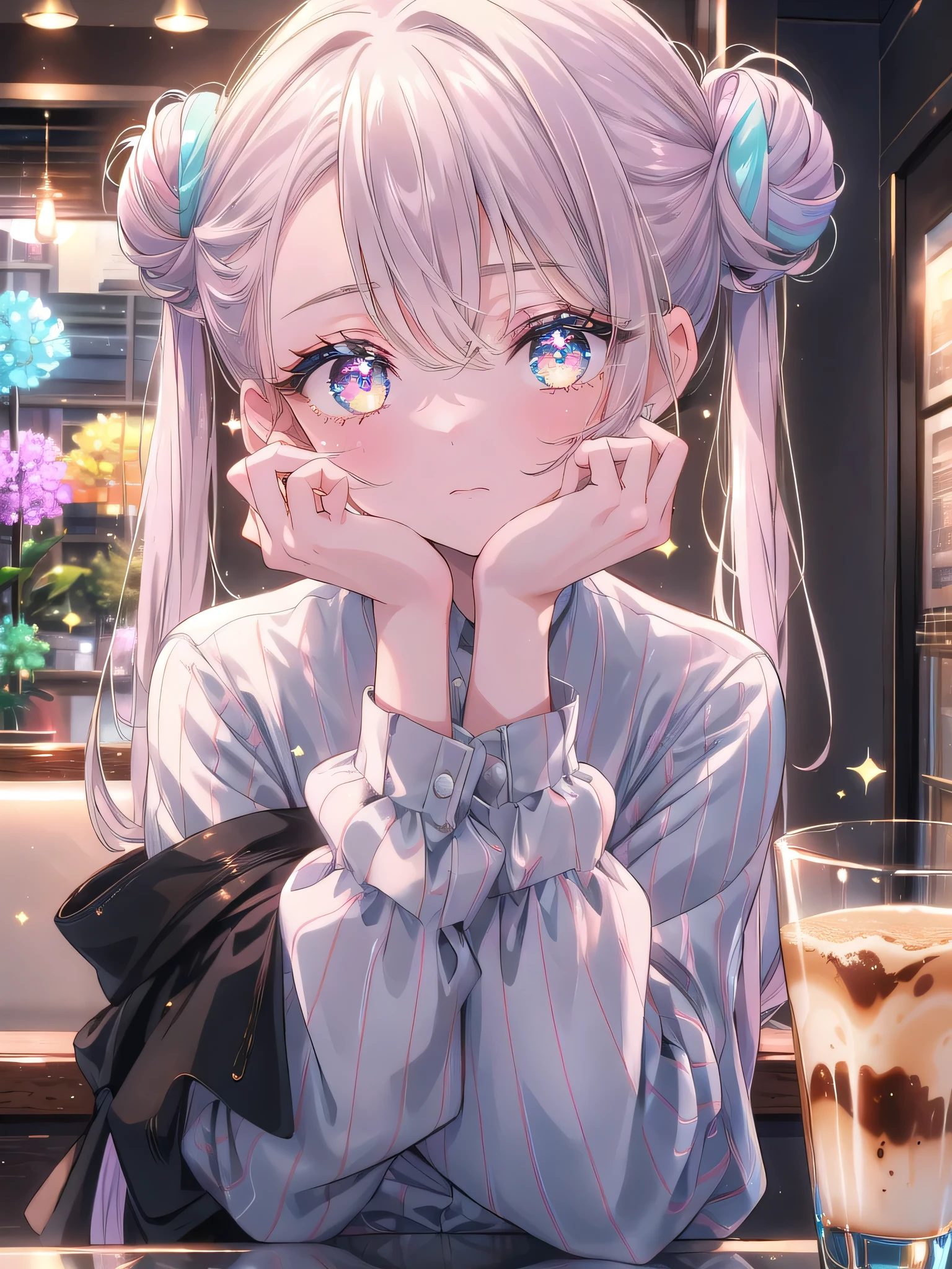 ((8k, Highest quality, masterpiece: 1.3)),Ultra-high resolution,(1 girl, alone), (Color changing eyes, Ultra-detailed, Expressive brilliance, Glitter, Glowing Eyes), Highly detailed eyes, Highly detailed face, Random Hair, ((pastel colour)In a trendy, minimalist coffee shop with sleek, modern décor, the woman sits at a polished marble table. A latte in a clear glass cup sits in front of her, alongside a small plate with a single cookie. She’s dressed in a fitted, striped long-sleeve shirt and black leggings, with her hair pulled back into a neat bun. She looks at the camera with a pensive, almost melancholic expression, her chin resting on her hand as she gazes into the lens, as if contemplating something serious or reflecting on a difficult decision (nsfw:1.3)