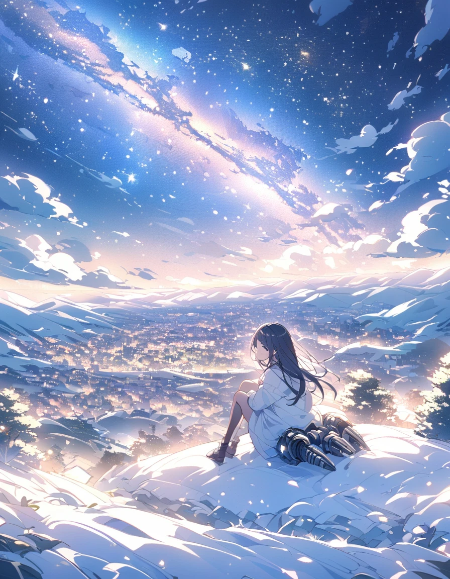 octane, Sky, Star (Sky), landscape, Starry Sky, night, 1 Girl, night Sky, Solitary, outdoor, architecture, cloud, Milky Way, sit, Tree, Long hair, City, contour, Cityscape