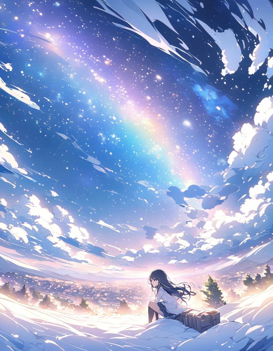 octane, Sky, Star (Sky), landscape, Starry Sky, night, 1 Girl, night Sky, Solitary, outdoor, architecture, cloud, Milky Way, sit, Tree, Long hair, City, contour, Cityscape