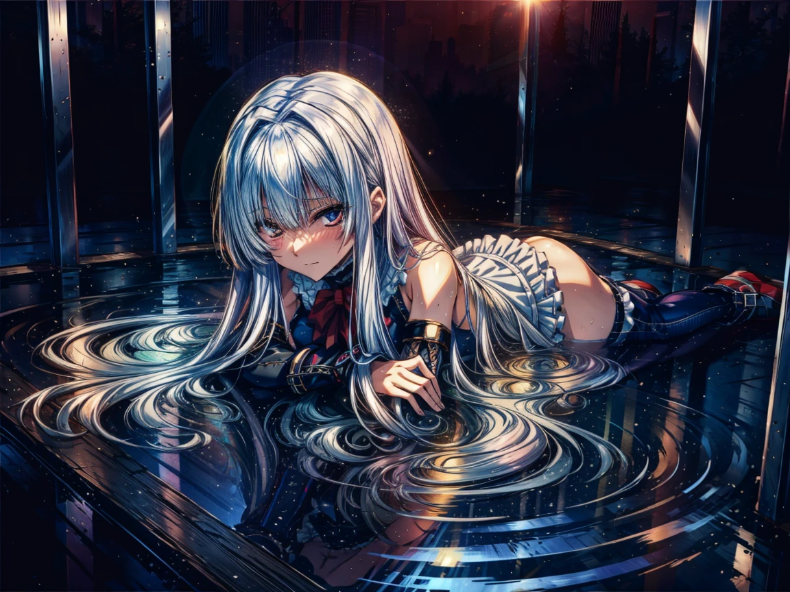 Perfect Anatomy, Highest quality, Rose,,Provocative attitude
(Inside a futuristic base:1.1)(Emotionless,Expressionless:1.4),Anime Style,(Frilled swimsuit, Knee socks, Removed sleeve), (Anime Style:1.4) ,(1 Girl:1.2),
Silver Hair,(White fingers:1.1,Black gloves),Very long hair,evil aura,(Lie down on the table:1.4),full body,(The whole body is flooded)