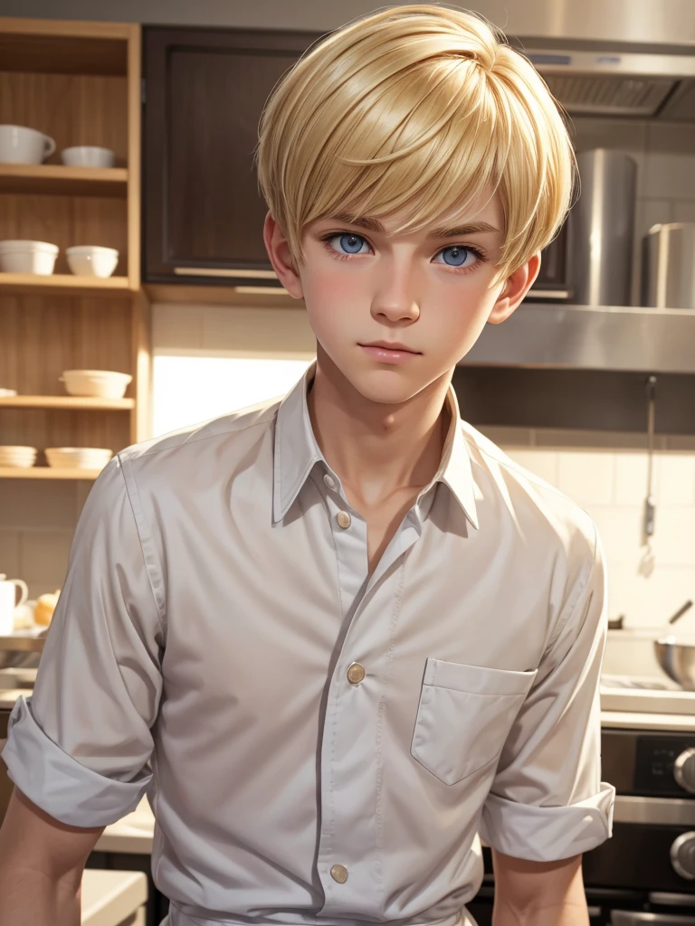 (best quality), 1boy, male, porcelain skin, blonde hair, short hair, straight hair, side swept bangs, brown eyes, perfect eyes, boyish, cute face, patissier uniform, skinny body, masterpiece, anatomically correct, highres
