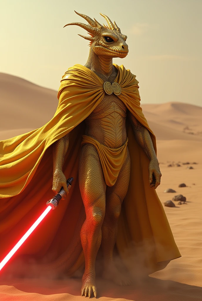 A Sith Lord from Star Wars, mix of dragon and human, golden Skin, golden Cape with coak, red lightsaber, in desert, dark light, ultra-realistic, detailed