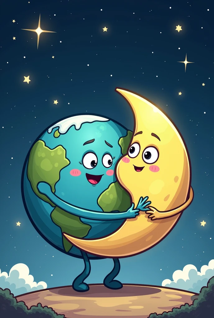 Ceate a image in which Cartoonish style Earth Hug Moon