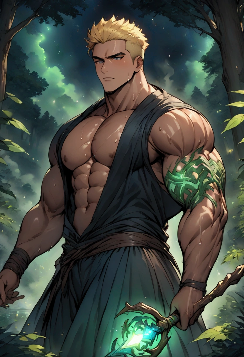 Highest quality、masterpiece、(muscular male:1.3)、(father:0.5)、Blonde、Brown skin、Short Hair、Sports haircut、short hair、fantasy、Fantastic space、In the forest at night、wizard、Wearing a black and blue robe、bare chest、Has a magic staff、Uses earth magic、sweat、steam