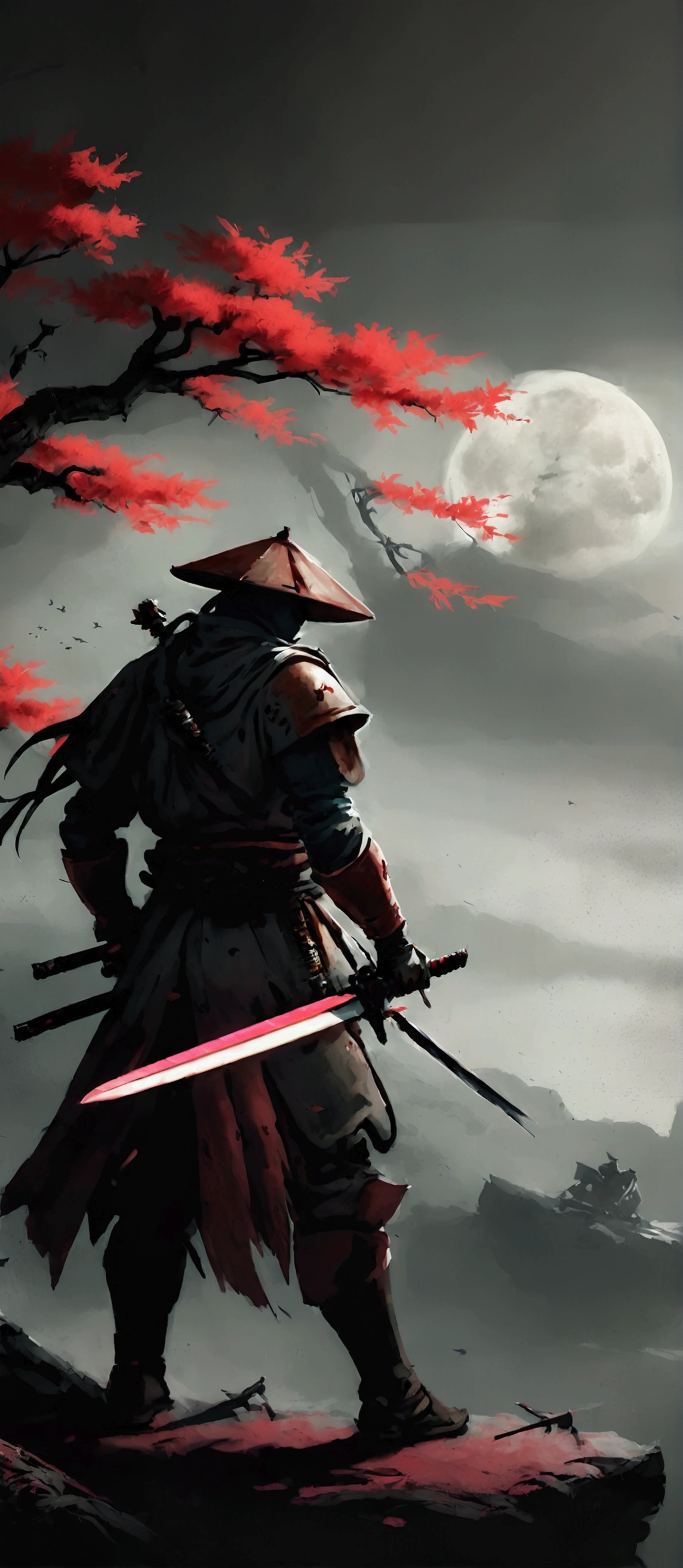 a painting of a man with a sword and a red sun, sekiro in bloodborne world, sekiro, inspired by Kanō Hōgai, feudal japan art, ghost of tsushima, traditional japanese concept art, inspired by Edo Murtić, ronin, inspired by Ma Shi, sekiro mountain, samurai style, benedick bana