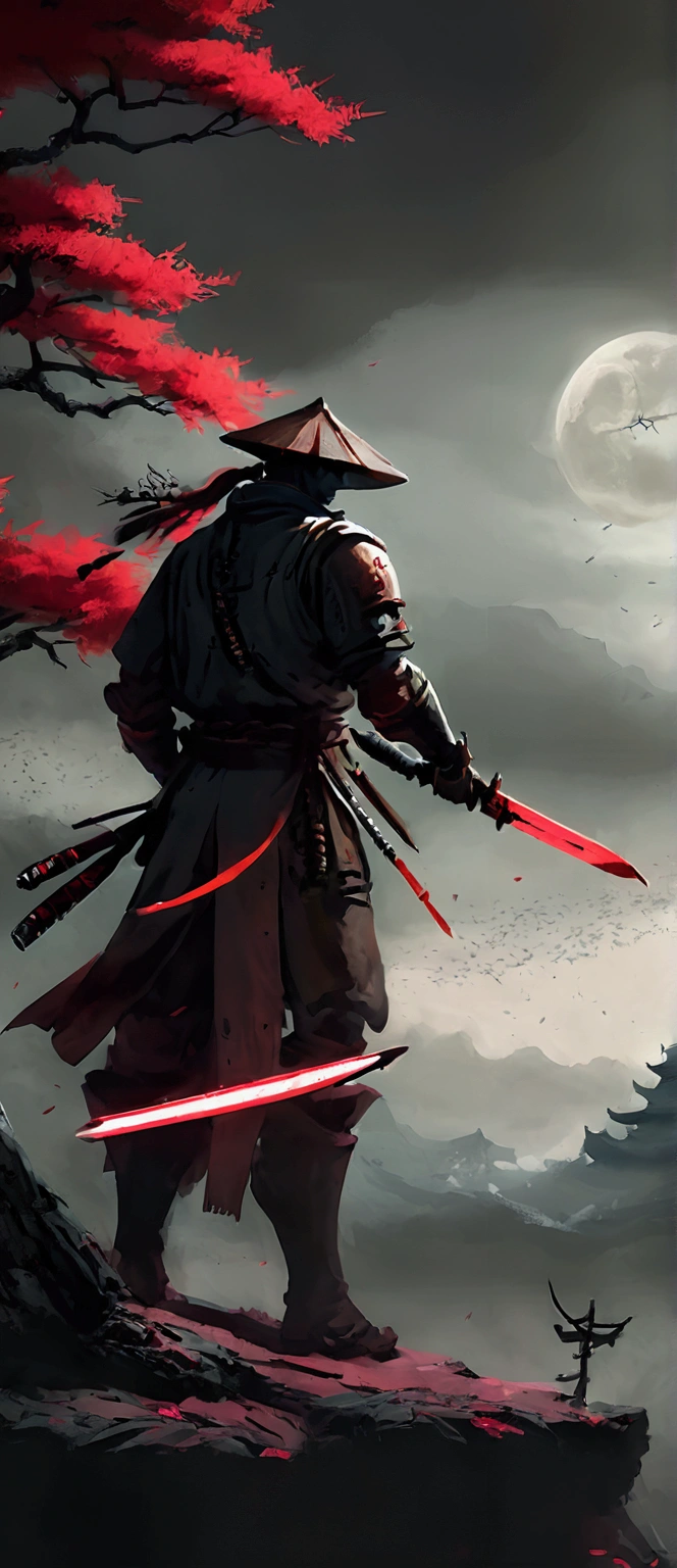 a painting of a man with a sword and a red sun, sekiro in bloodborne world, sekiro, inspired by Kanō Hōgai, feudal japan art, ghost of tsushima, traditional japanese concept art, inspired by Edo Murtić, ronin, inspired by Ma Shi, sekiro mountain, samurai style, benedick bana