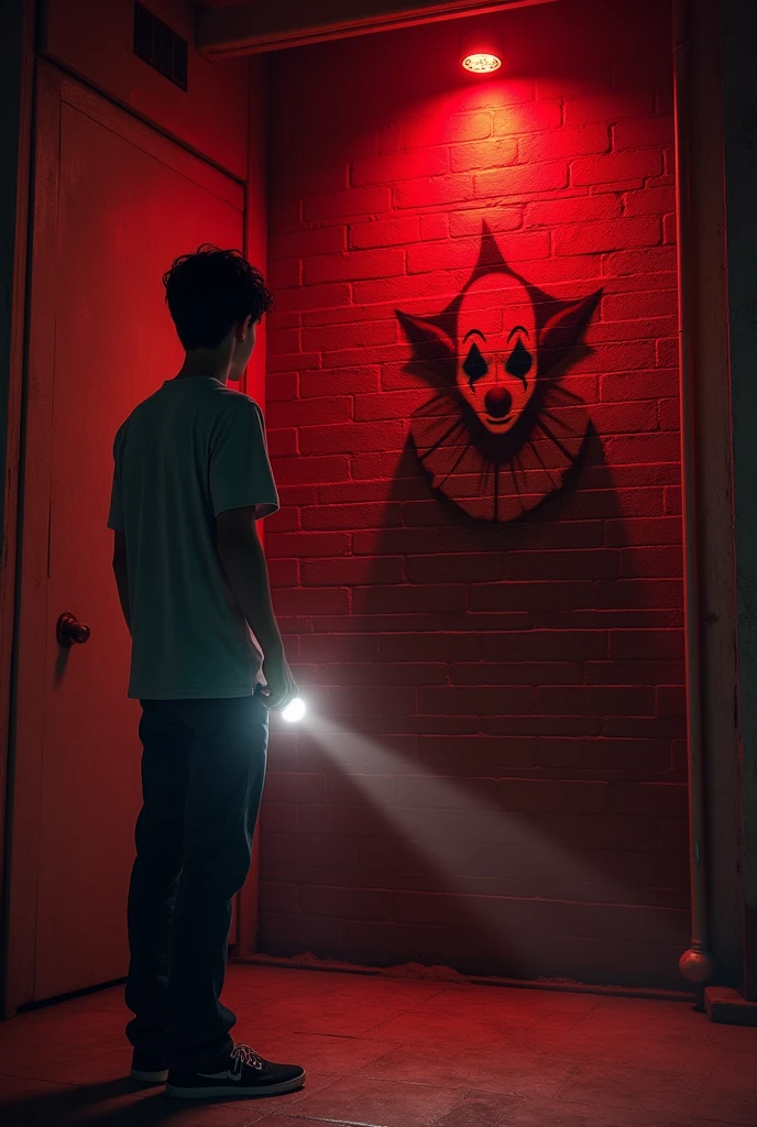 Draw a young man looking at a brick wall, with a flashlight in hand, and on the wall with a picture of a clown drawn on the wall, and red lights around, terrifying theme