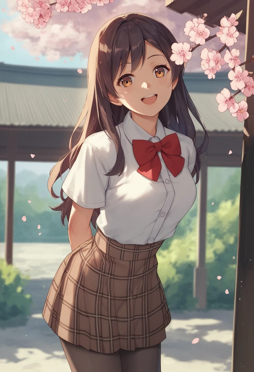 masterpiece, Highest quality, High resolution, Amahiru, Long Hair, Red bow tie, White shirt, Short sleeve, Checked skirt, Brown Skirt, pantyhose, Are standing, Cowboy Shot, Leaning forward, Put your arms behind your back, Outdoor, cherry blossoms, smile, Open your mouth,