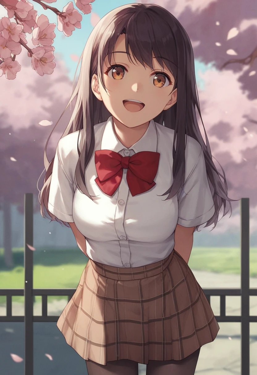 masterpiece, Highest quality, High resolution, Amahiru, Long Hair, Red bow tie, White shirt, Short sleeve, Checked skirt, Brown Skirt, pantyhose, Are standing, Cowboy Shot, Leaning forward, Put your arms behind your back, Outdoor, cherry blossoms, smile, Open your mouth,
