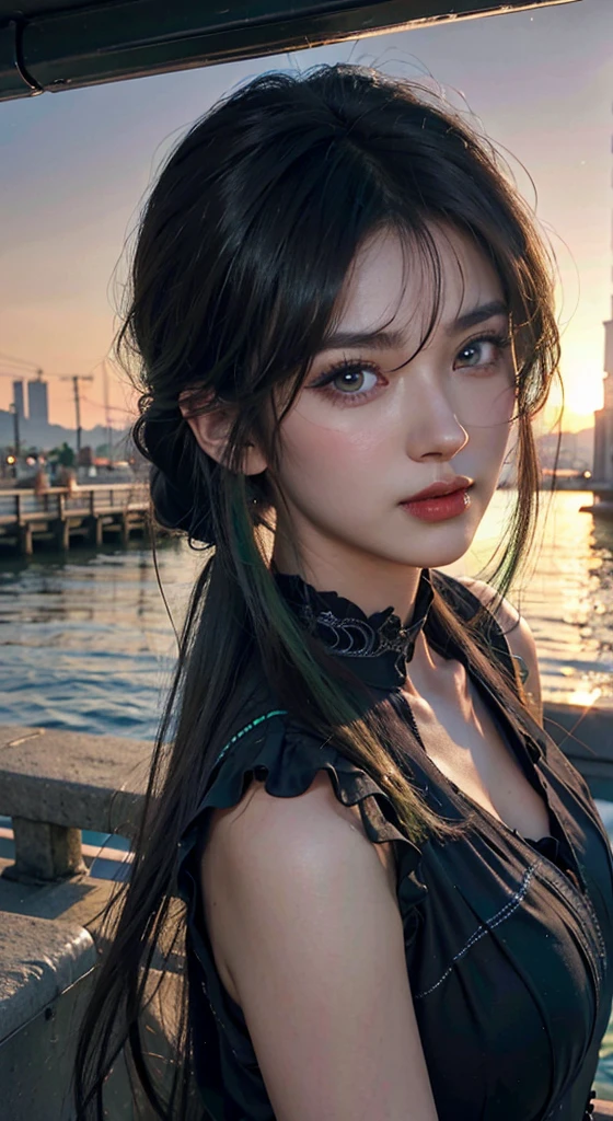 There is a woman,at the beach,beautiful animated portraits, cool face portrait, Detailed portrait of a girl, Portrait Girl, Guweiz style work, animation style. 8k, realistic art style, Smooth CG art, 4K Style, Digital Animation Illustration, Beautiful girl, Portrait of an anime girl,Long ponytail hairstyle,Black hair and green hair, Hair accessories that go well together, bright green eyes,big eyes,,Wearing red glasses,Half Rim Glasses,laugh