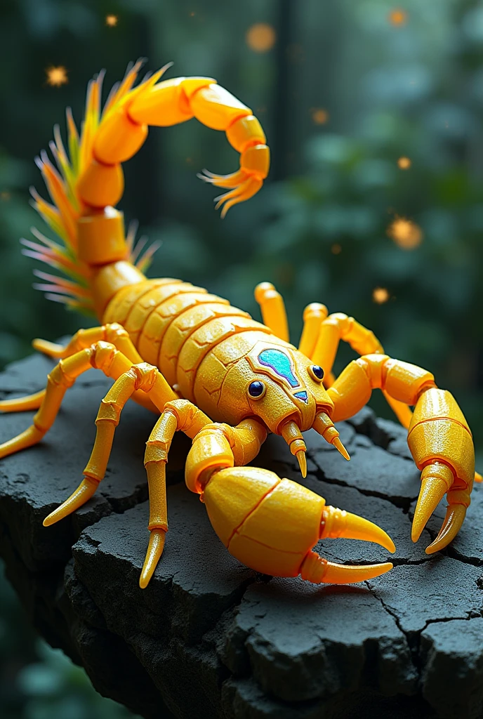 I want a yellow Brazilian Scorpion made from parts of obsidian pieces with feathers (with two tails and a stinger)