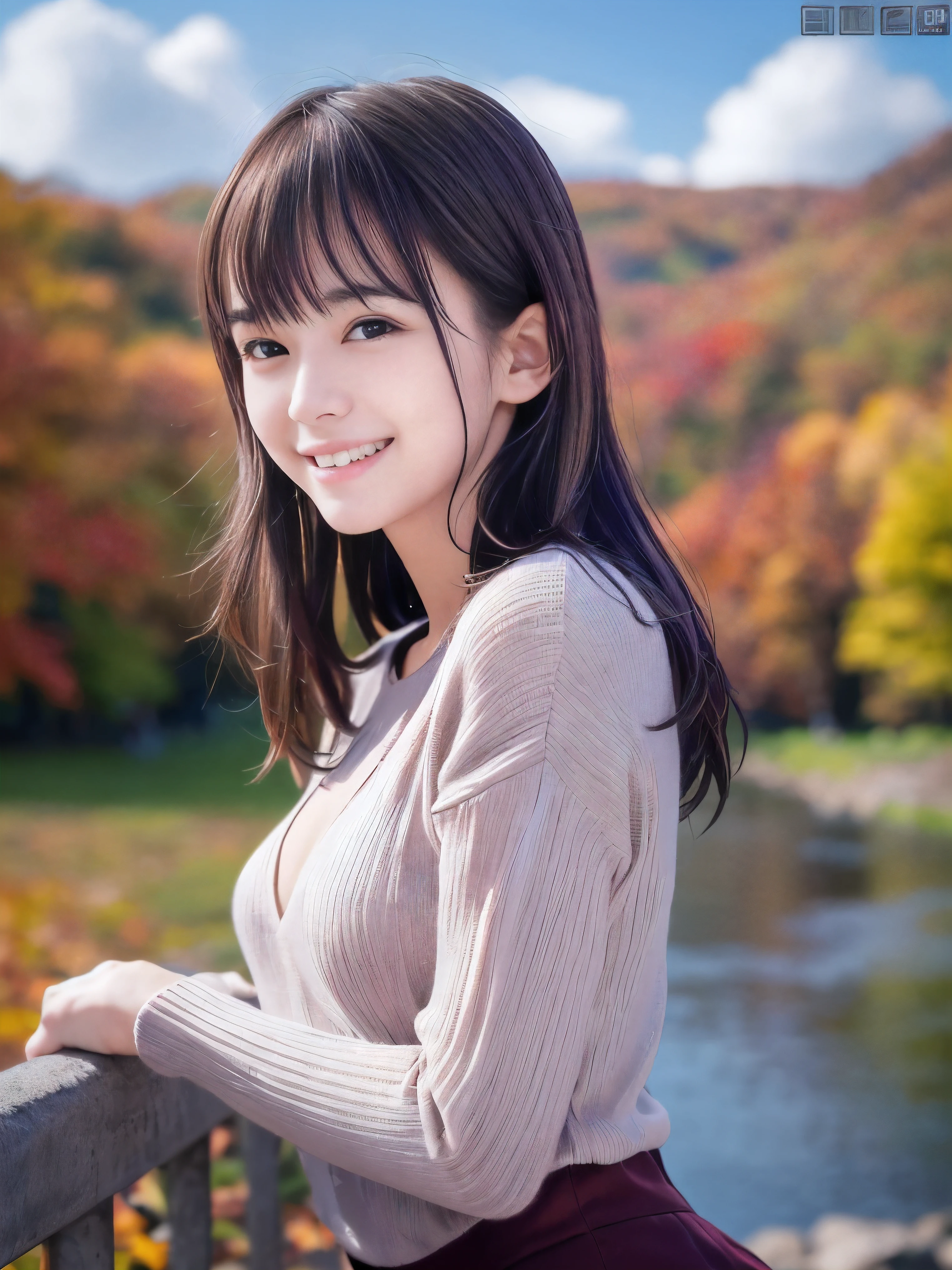 (Close up face shot of one slender small breasts half up brown long hair with bangs girl in a long sleeves shirt and sweater:1.5)、(One girl is leaning forward with happy smile on the dart road near the lake and big waterfall:1.5)、(Beautiful autumn red leaves and mountain view:1.5)、(Natural light:1.5)、(8k ultra detailed master piece:1.5)、(perfect anatomy:1.5)、(Photorealistic stick:1.5)、(Raw photo:1.3)、(highest quality:1.5)、(High resolution:1.3)、(Delicate and beautiful perfect face:1.3)、(Delicate and beautiful eye air skin:1.3)、(Real Human Skin:1.3)、((thin legs))