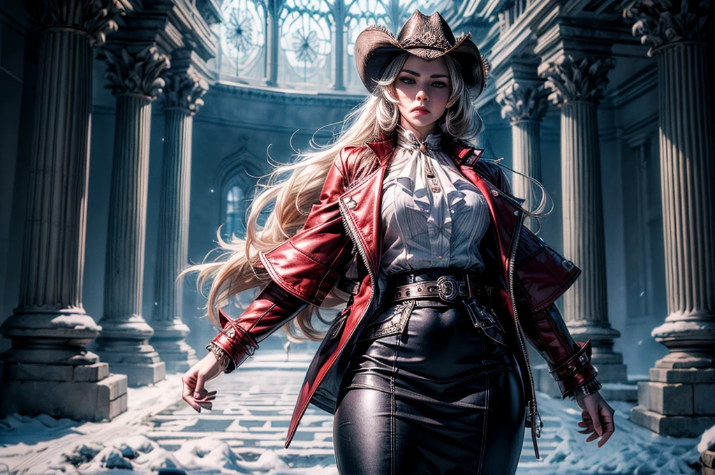 masterpiece,best quality, masterpiece, high detail,detailed face,detailed eyes,rendered eyes,perfect eyes,hip lines,crisp image,detailed,amazing,8k,8k wallpaper,8k background,high detailed skin,high res, (((cowboy shot))), solo, 1girl,looking at viewer,WillowSchnee, . Her attire consists of a white cravat secured by a silver brooch set with a red stone, as well as a light purple jacket with light sleeves, a wide belt around her waist, a matching pencil skirt with black tights and slippers. serious expression, outside stately mansion, snow, ice sculpture at center of hedge maze, holding wine glass, night, stars, seervants and security detail standing by, (volumetric lighting), sharp focus, hyper detailed 